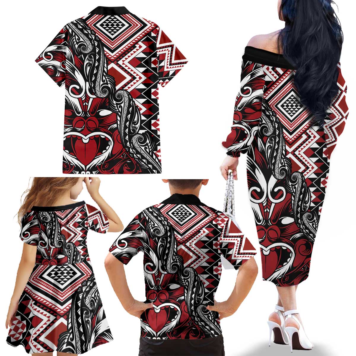 Aotearoa Maori Moko Art with Taniko Half Style Family Matching Off The Shoulder Long Sleeve Dress and Hawaiian Shirt LT03 - Polynesian Pride