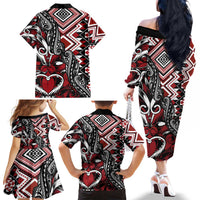 Aotearoa Maori Moko Art with Taniko Half Style Family Matching Off The Shoulder Long Sleeve Dress and Hawaiian Shirt LT03 - Polynesian Pride