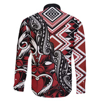 Aotearoa Maori Moko Art with Taniko Half Style Family Matching Off The Shoulder Long Sleeve Dress and Hawaiian Shirt LT03 - Polynesian Pride