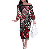 Aotearoa Maori Moko Art with Taniko Half Style Family Matching Off The Shoulder Long Sleeve Dress and Hawaiian Shirt LT03 Mom's Dress Black - Polynesian Pride