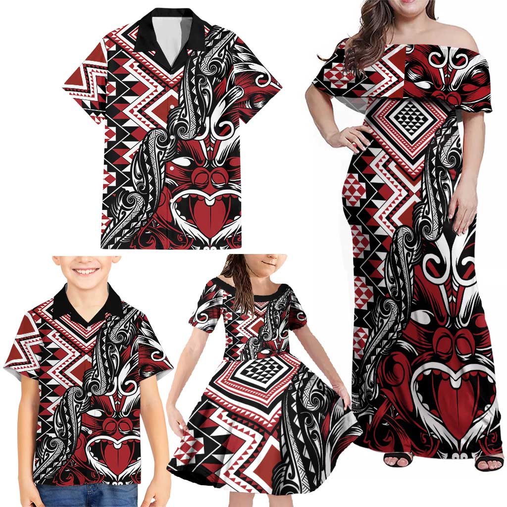 Aotearoa Maori Moko Art with Taniko Half Style Family Matching Off Shoulder Maxi Dress and Hawaiian Shirt LT03 - Polynesian Pride