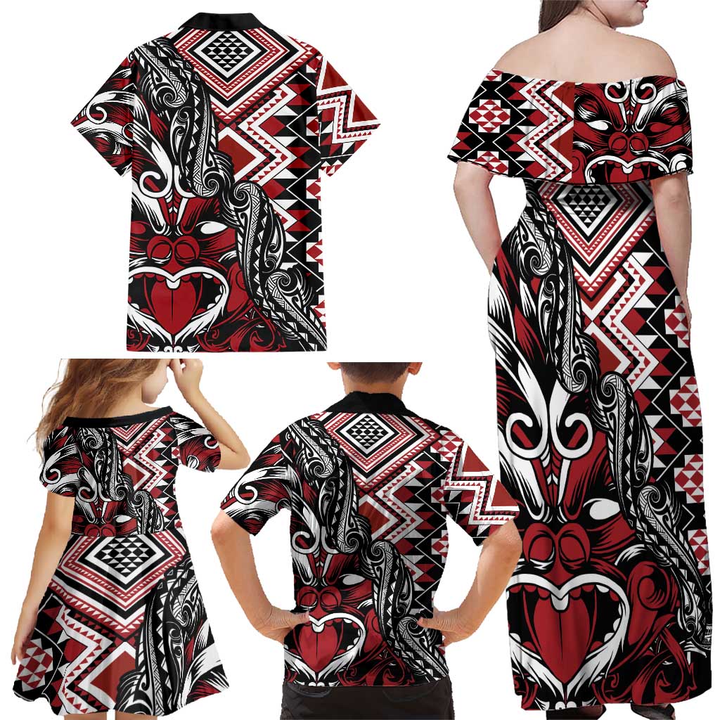 Aotearoa Maori Moko Art with Taniko Half Style Family Matching Off Shoulder Maxi Dress and Hawaiian Shirt LT03 - Polynesian Pride