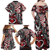 Aotearoa Maori Moko Art with Taniko Half Style Family Matching Off Shoulder Maxi Dress and Hawaiian Shirt LT03 - Polynesian Pride