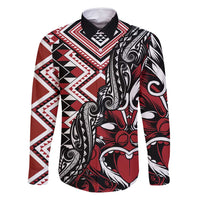 Aotearoa Maori Moko Art with Taniko Half Style Family Matching Off Shoulder Maxi Dress and Hawaiian Shirt LT03 Dad's Shirt - Long Sleeve Black - Polynesian Pride