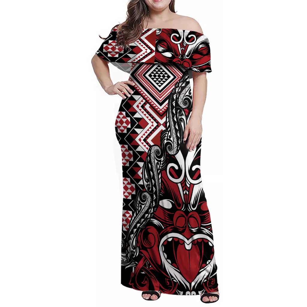 Aotearoa Maori Moko Art with Taniko Half Style Family Matching Off Shoulder Maxi Dress and Hawaiian Shirt LT03 Mom's Dress Black - Polynesian Pride