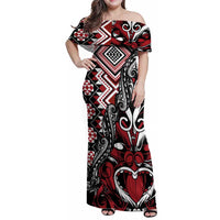 Aotearoa Maori Moko Art with Taniko Half Style Family Matching Off Shoulder Maxi Dress and Hawaiian Shirt LT03 Mom's Dress Black - Polynesian Pride