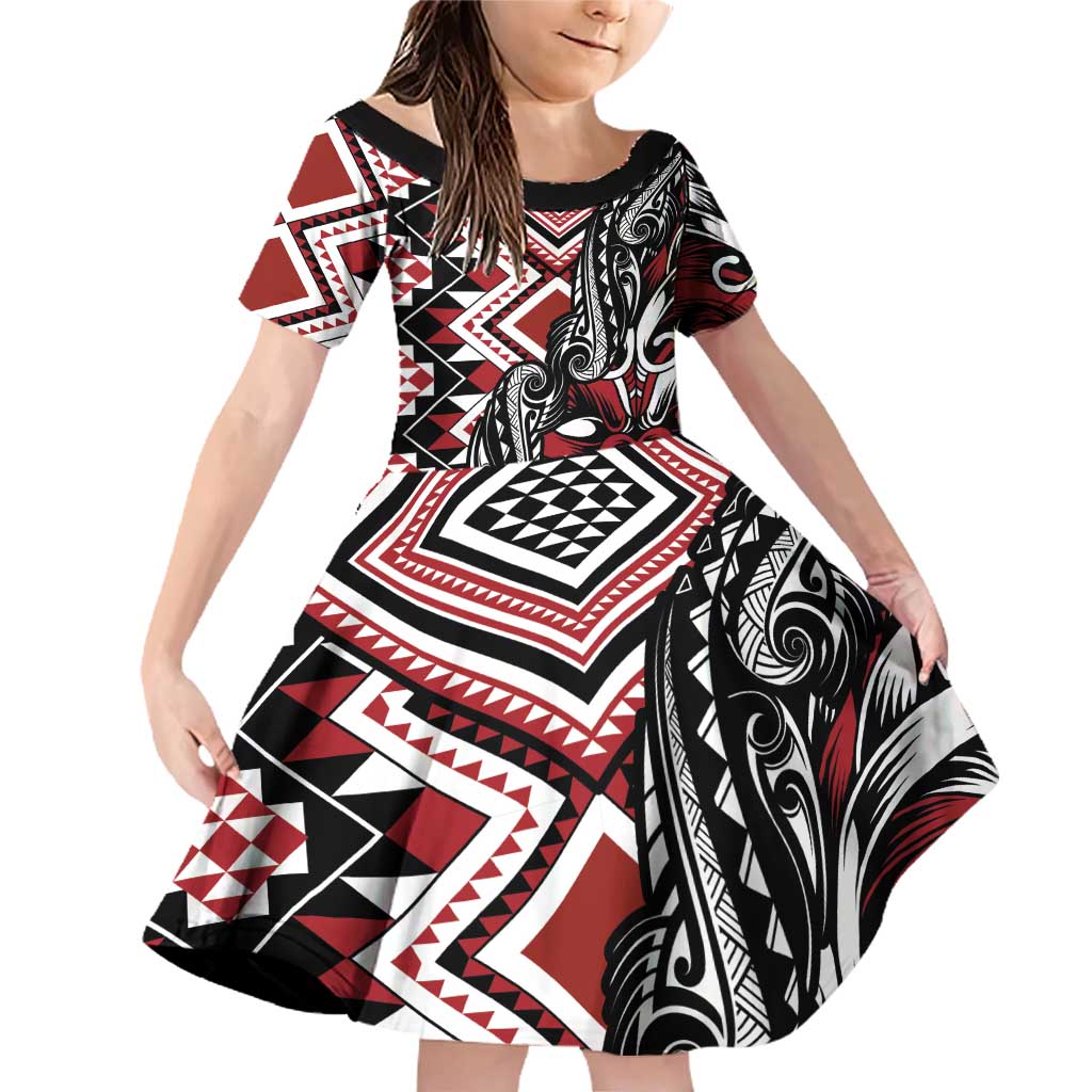 Aotearoa Maori Moko Art with Taniko Half Style Family Matching Off Shoulder Short Dress and Hawaiian Shirt LT03 Daughter's Dress Black - Polynesian Pride