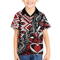 Aotearoa Maori Moko Art with Taniko Half Style Family Matching Off Shoulder Short Dress and Hawaiian Shirt LT03 Son's Shirt Black - Polynesian Pride