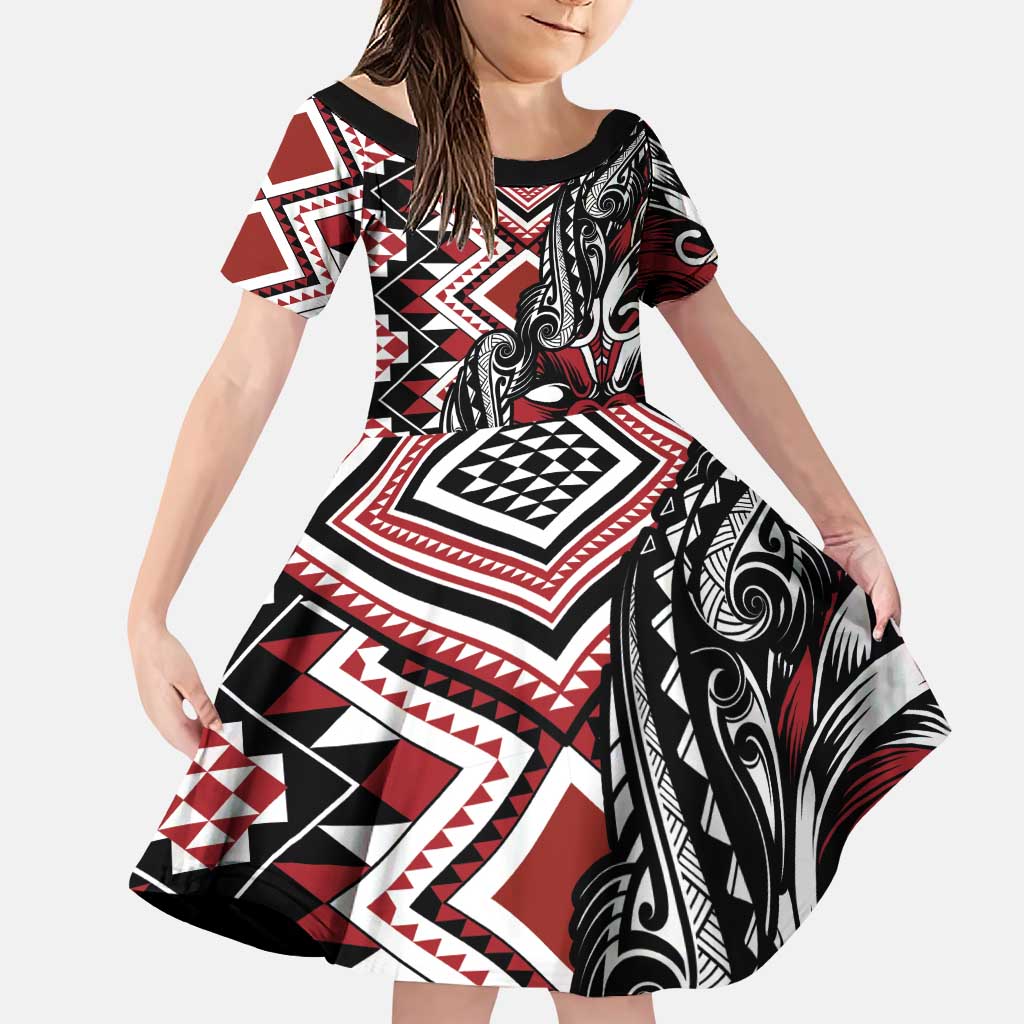 Aotearoa Maori Moko Art with Taniko Half Style Family Matching Puletasi and Hawaiian Shirt LT03 Daughter's Dress Black - Polynesian Pride