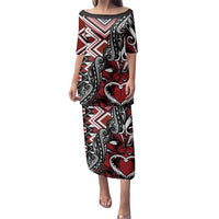 Aotearoa Maori Moko Art with Taniko Half Style Family Matching Puletasi and Hawaiian Shirt LT03 Mom's Dress Black - Polynesian Pride