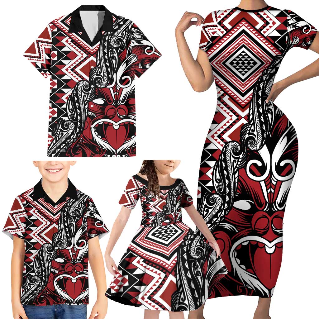 Aotearoa Maori Moko Art with Taniko Half Style Family Matching Short Sleeve Bodycon Dress and Hawaiian Shirt LT03 - Polynesian Pride