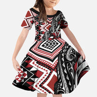 Aotearoa Maori Moko Art with Taniko Half Style Family Matching Summer Maxi Dress and Hawaiian Shirt LT03 Daughter's Dress Black - Polynesian Pride