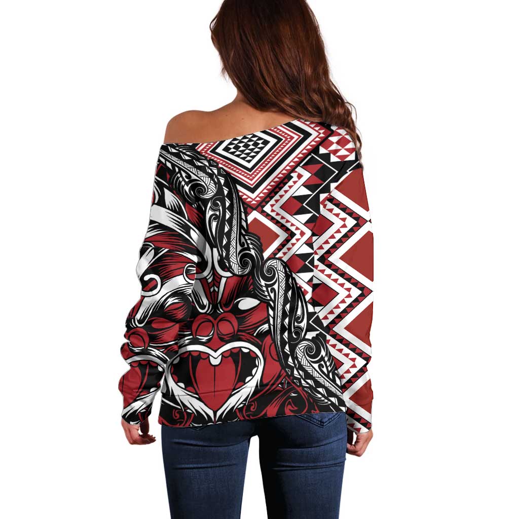 Aotearoa Maori Moko Art with Taniko Half Style Off Shoulder Sweater LT03 - Polynesian Pride
