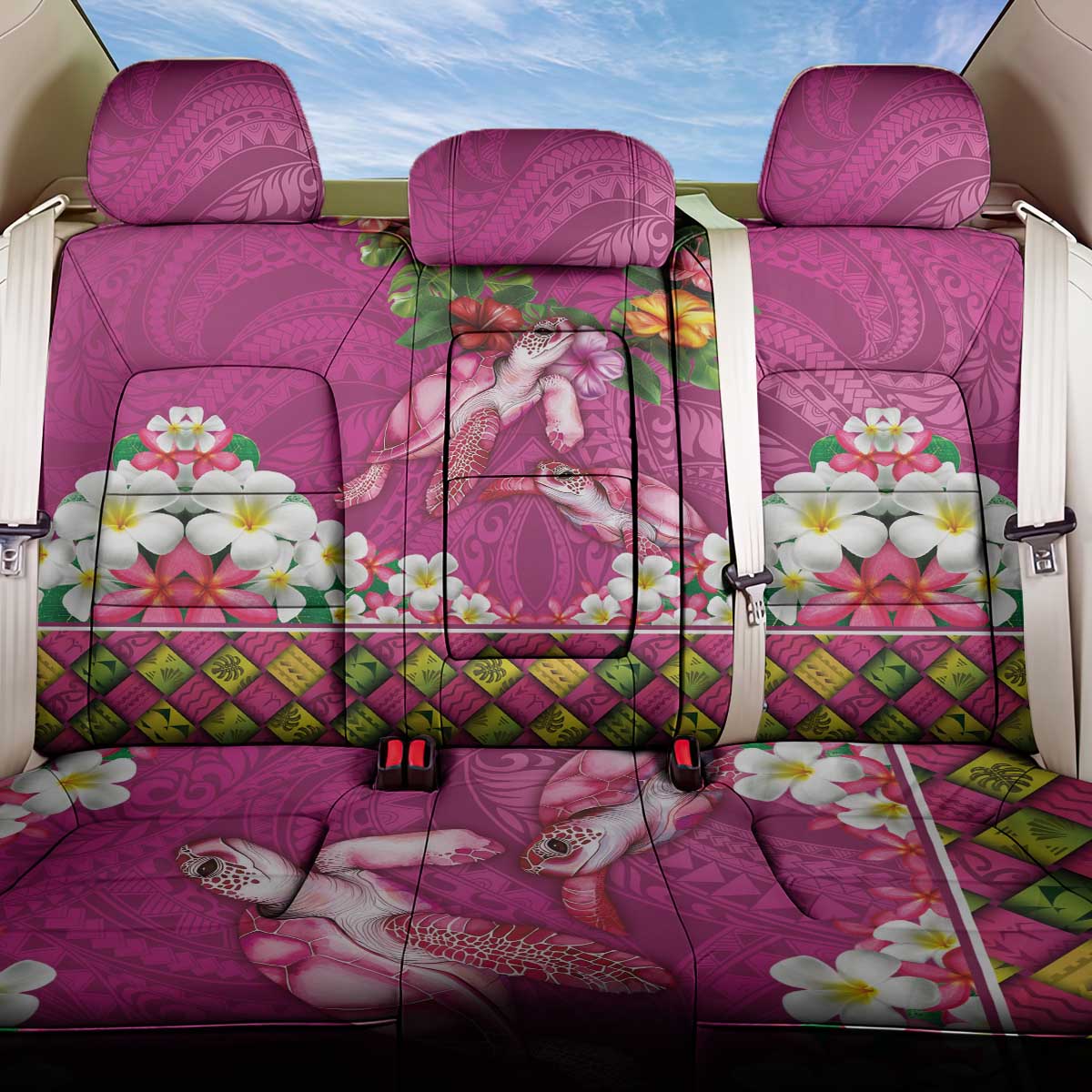 Hawaiian Lei Turtle and Plumeria Back Car Seat Cover Polynerian Art Tattoo-Plum Pink Color LT03 One Size Pink - Polynesian Pride
