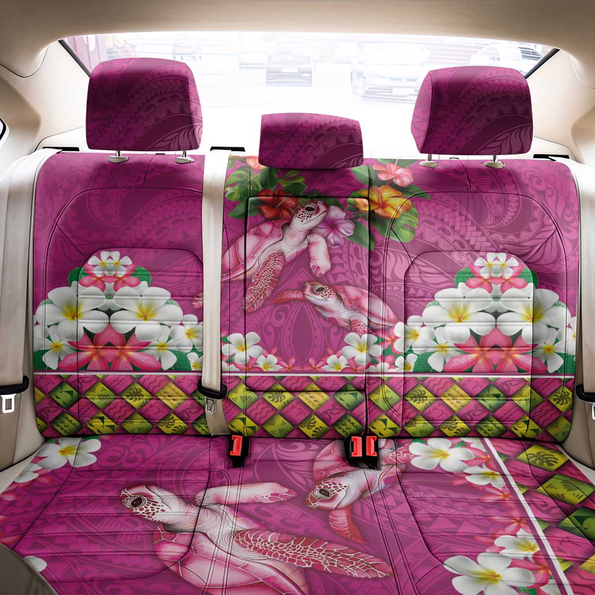 Hawaiian Lei Turtle and Plumeria Back Car Seat Cover Polynerian Art Tattoo-Plum Pink Color LT03 - Polynesian Pride