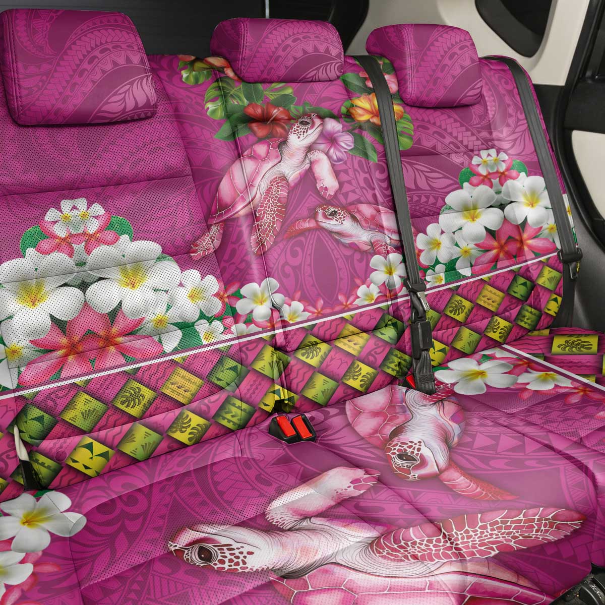 Hawaiian Lei Turtle and Plumeria Back Car Seat Cover Polynerian Art Tattoo-Plum Pink Color LT03 - Polynesian Pride
