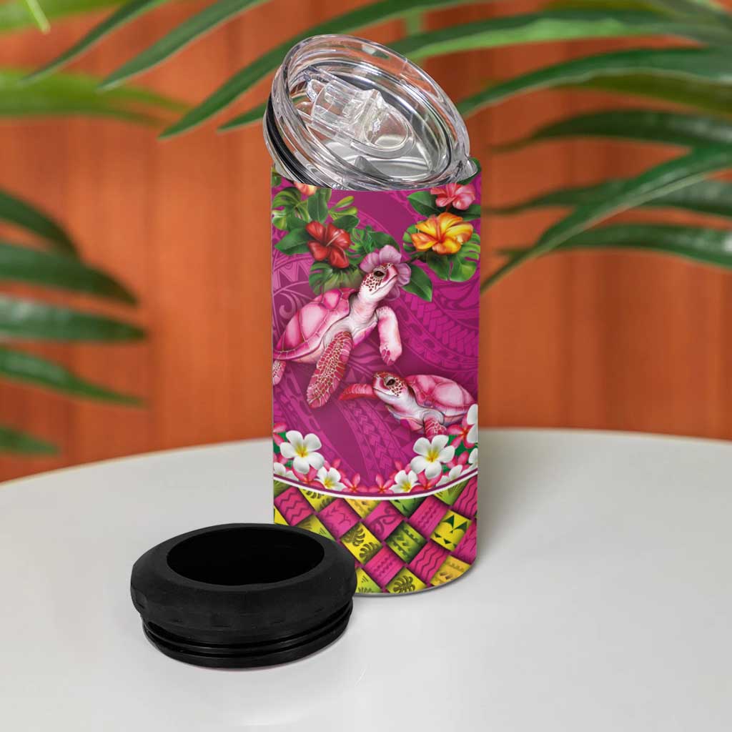 Hawaiian Lei Turtle and Plumeria 4 in 1 Can Cooler Tumbler Polynerian Art Tattoo-Plum Pink Color LT03 - Polynesian Pride
