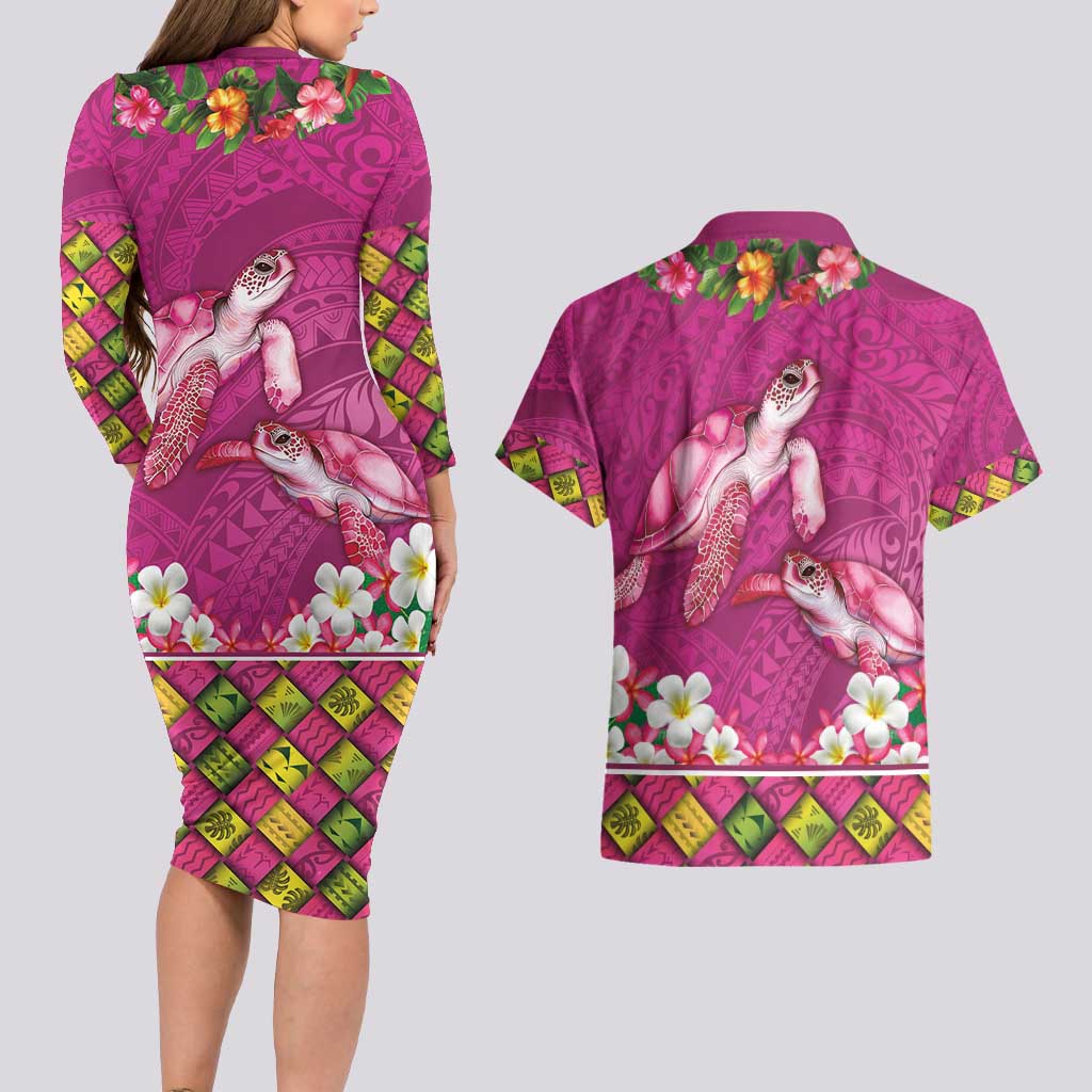 Hawaiian Lei Turtle and Plumeria Couples Matching Long Sleeve Bodycon Dress and Hawaiian Shirt Polynerian Art Tattoo-Plum Pink Color LT03 - Polynesian Pride