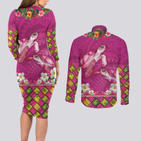 Hawaiian Lei Turtle and Plumeria Couples Matching Long Sleeve Bodycon Dress and Long Sleeve Button Shirt Polynerian Art Tattoo-Plum Pink Color LT03 - Polynesian Pride