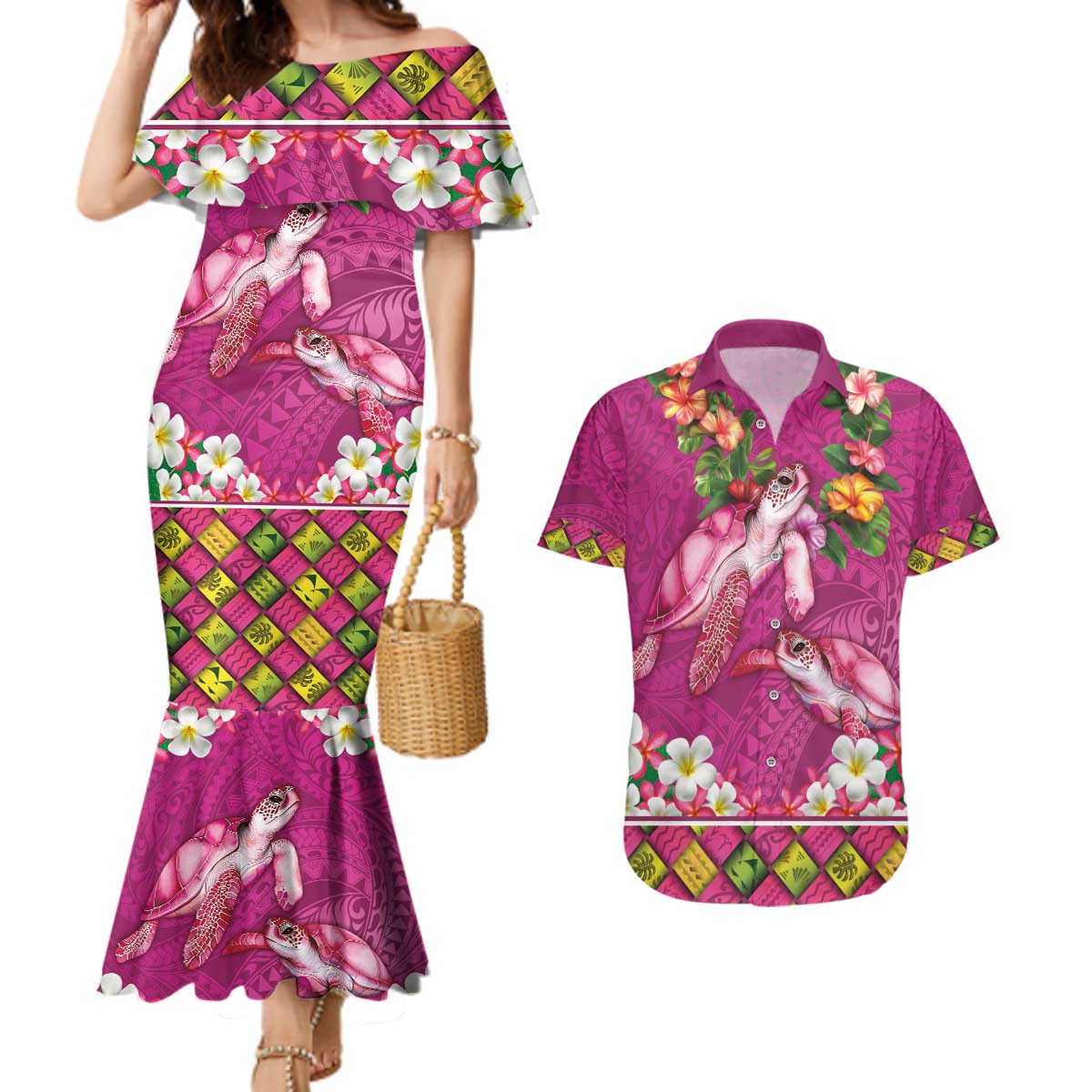 Hawaiian Lei Turtle and Plumeria Couples Matching Mermaid Dress and Hawaiian Shirt Polynerian Art Tattoo-Plum Pink Color LT03 Pink - Polynesian Pride
