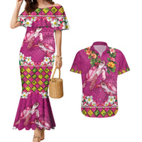 Hawaiian Lei Turtle and Plumeria Couples Matching Mermaid Dress and Hawaiian Shirt Polynerian Art Tattoo-Plum Pink Color LT03 Pink - Polynesian Pride