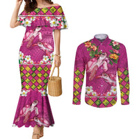 Hawaiian Lei Turtle and Plumeria Couples Matching Mermaid Dress and Long Sleeve Button Shirt Polynerian Art Tattoo-Plum Pink Color LT03 Pink - Polynesian Pride