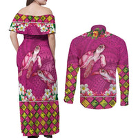 Hawaiian Lei Turtle and Plumeria Couples Matching Off Shoulder Maxi Dress and Long Sleeve Button Shirt Polynerian Art Tattoo-Plum Pink Color LT03 - Polynesian Pride