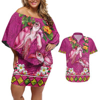 Hawaiian Lei Turtle and Plumeria Couples Matching Off Shoulder Short Dress and Hawaiian Shirt Polynerian Art Tattoo-Plum Pink Color LT03 Pink - Polynesian Pride