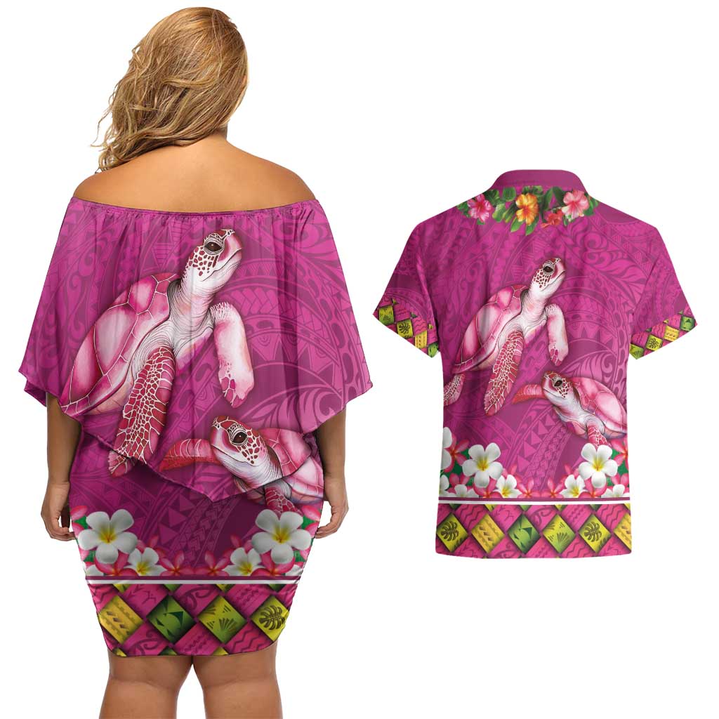 Hawaiian Lei Turtle and Plumeria Couples Matching Off Shoulder Short Dress and Hawaiian Shirt Polynerian Art Tattoo-Plum Pink Color LT03 - Polynesian Pride