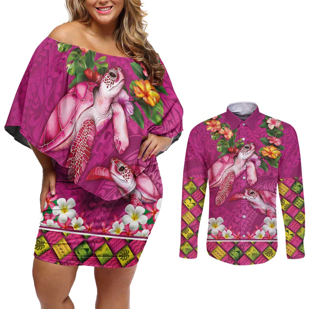 Hawaiian Lei Turtle and Plumeria Couples Matching Off Shoulder Short Dress and Long Sleeve Button Shirt Polynerian Art Tattoo-Plum Pink Color LT03 Pink - Polynesian Pride