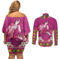 Hawaiian Lei Turtle and Plumeria Couples Matching Off Shoulder Short Dress and Long Sleeve Button Shirt Polynerian Art Tattoo-Plum Pink Color LT03 - Polynesian Pride