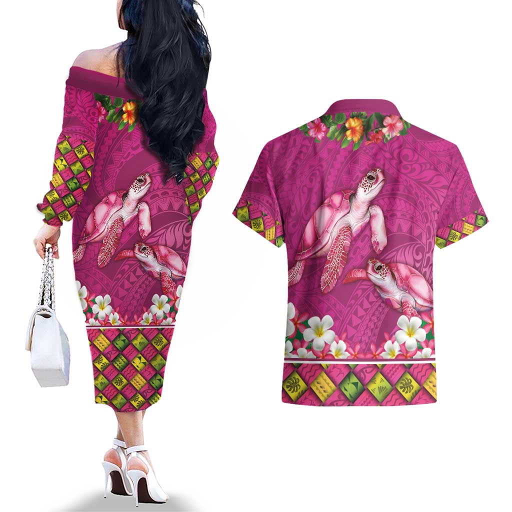 Hawaiian Lei Turtle and Plumeria Couples Matching Off The Shoulder Long Sleeve Dress and Hawaiian Shirt Polynerian Art Tattoo-Plum Pink Color LT03 - Polynesian Pride