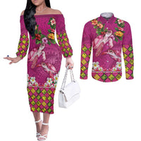 Hawaiian Lei Turtle and Plumeria Couples Matching Off The Shoulder Long Sleeve Dress and Long Sleeve Button Shirt Polynerian Art Tattoo-Plum Pink Color LT03 Pink - Polynesian Pride