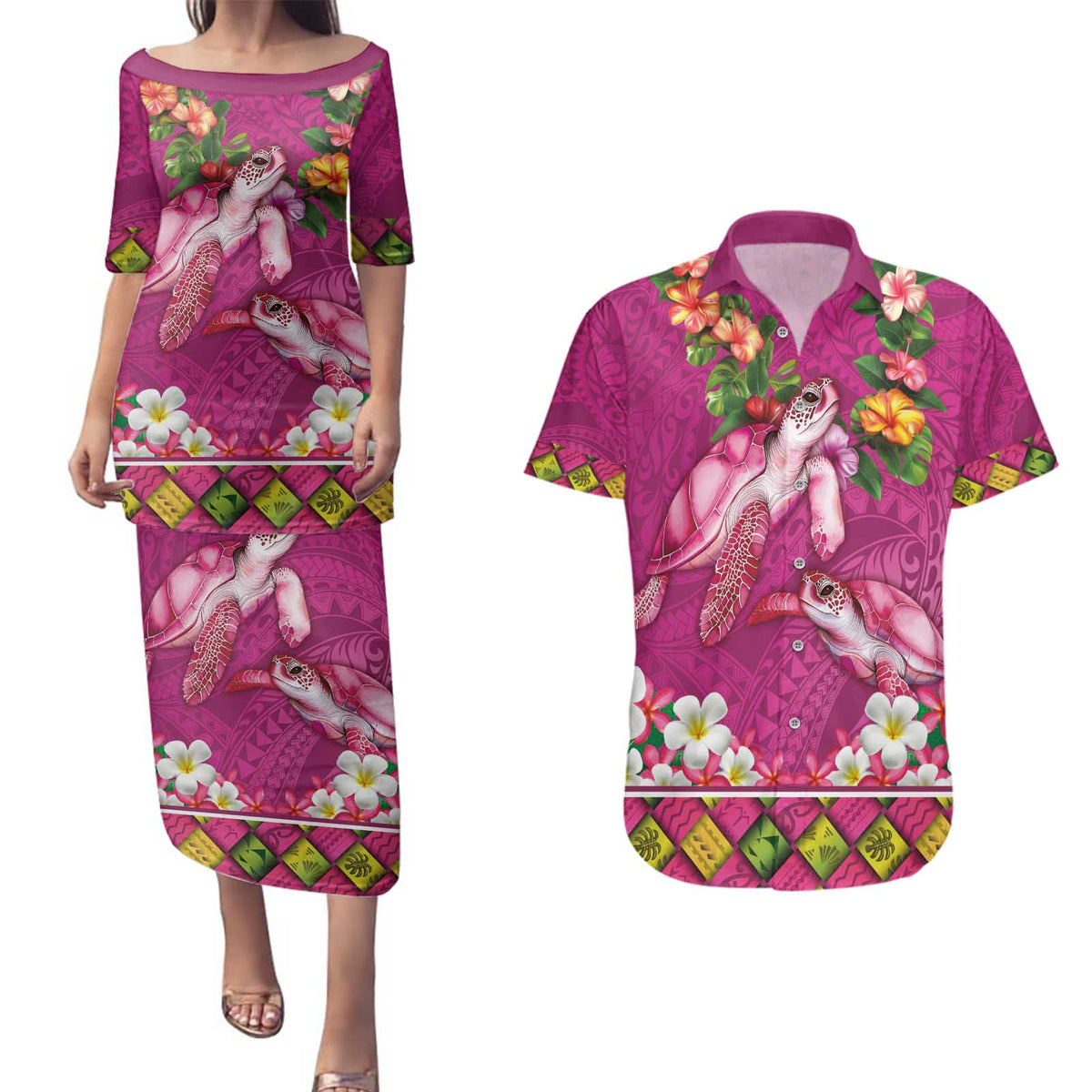 Hawaiian Lei Turtle and Plumeria Couples Matching Puletasi and Hawaiian Shirt Polynerian Art Tattoo-Plum Pink Color LT03 Pink - Polynesian Pride
