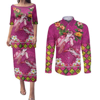 Hawaiian Lei Turtle and Plumeria Couples Matching Puletasi and Long Sleeve Button Shirt Polynerian Art Tattoo-Plum Pink Color LT03 Pink - Polynesian Pride