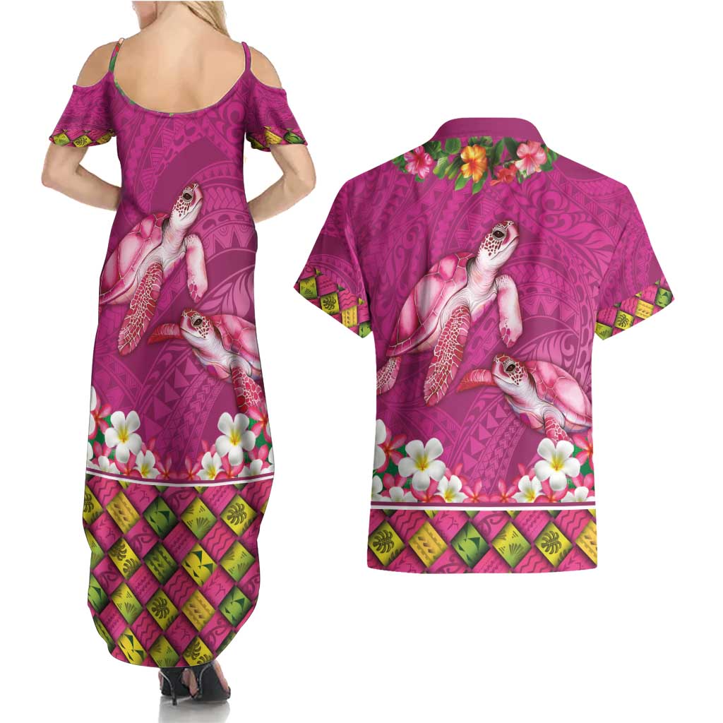 Hawaiian Lei Turtle and Plumeria Couples Matching Summer Maxi Dress and Hawaiian Shirt Polynerian Art Tattoo-Plum Pink Color LT03 - Polynesian Pride