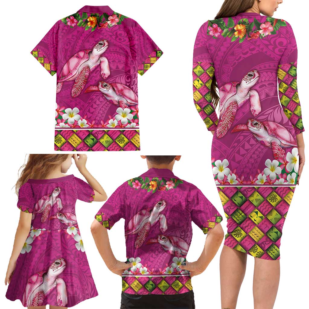 Hawaiian Lei Turtle and Plumeria Family Matching Long Sleeve Bodycon Dress and Hawaiian Shirt Polynerian Art Tattoo-Plum Pink Color LT03 - Polynesian Pride
