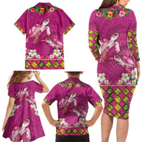 Hawaiian Lei Turtle and Plumeria Family Matching Long Sleeve Bodycon Dress and Hawaiian Shirt Polynerian Art Tattoo-Plum Pink Color LT03 - Polynesian Pride