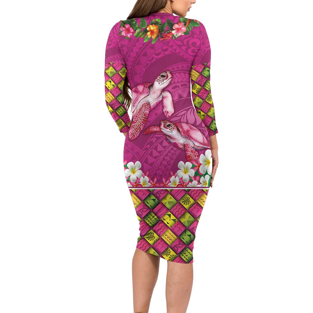 Hawaiian Lei Turtle and Plumeria Family Matching Long Sleeve Bodycon Dress and Hawaiian Shirt Polynerian Art Tattoo-Plum Pink Color LT03 - Polynesian Pride