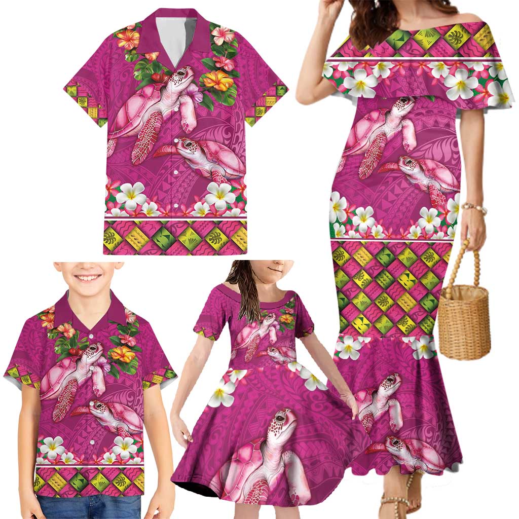 Hawaiian Lei Turtle and Plumeria Family Matching Mermaid Dress and Hawaiian Shirt Polynerian Art Tattoo-Plum Pink Color LT03 - Polynesian Pride