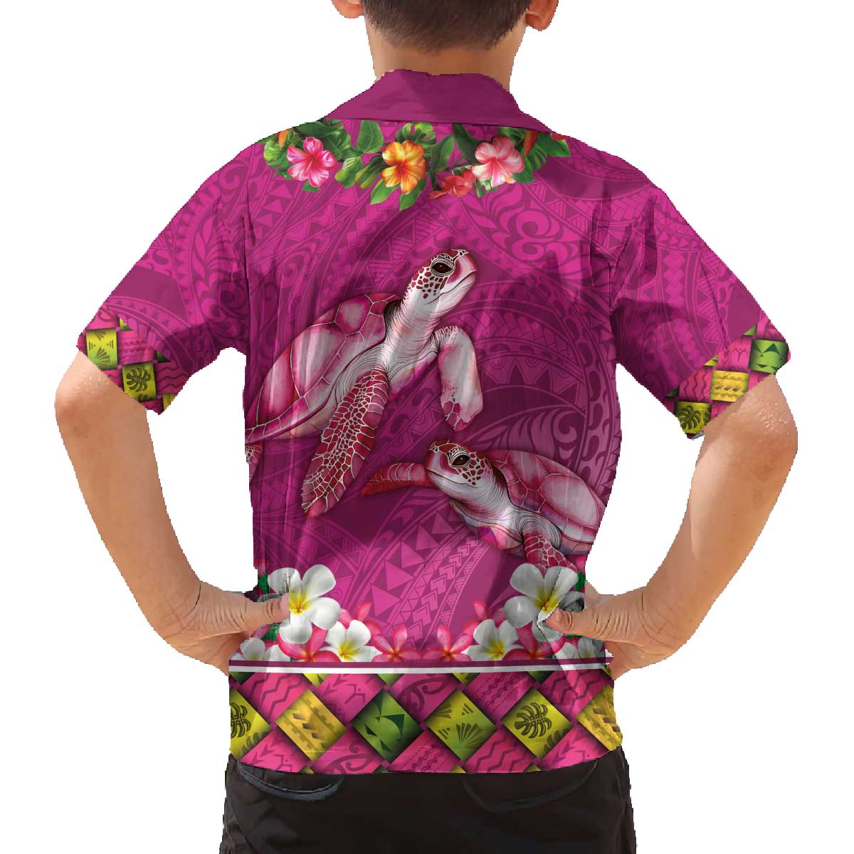Hawaiian Lei Turtle and Plumeria Family Matching Off The Shoulder Long Sleeve Dress and Hawaiian Shirt Polynerian Art Tattoo-Plum Pink Color LT03 - Polynesian Pride