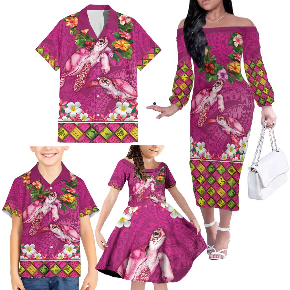 Hawaiian Lei Turtle and Plumeria Family Matching Off The Shoulder Long Sleeve Dress and Hawaiian Shirt Polynerian Art Tattoo-Plum Pink Color LT03 - Polynesian Pride
