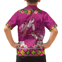 Hawaiian Lei Turtle and Plumeria Family Matching Off Shoulder Maxi Dress and Hawaiian Shirt Polynerian Art Tattoo-Plum Pink Color LT03 - Polynesian Pride