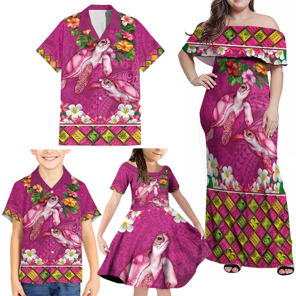 Hawaiian Lei Turtle and Plumeria Family Matching Off Shoulder Maxi Dress and Hawaiian Shirt Polynerian Art Tattoo-Plum Pink Color LT03 - Polynesian Pride