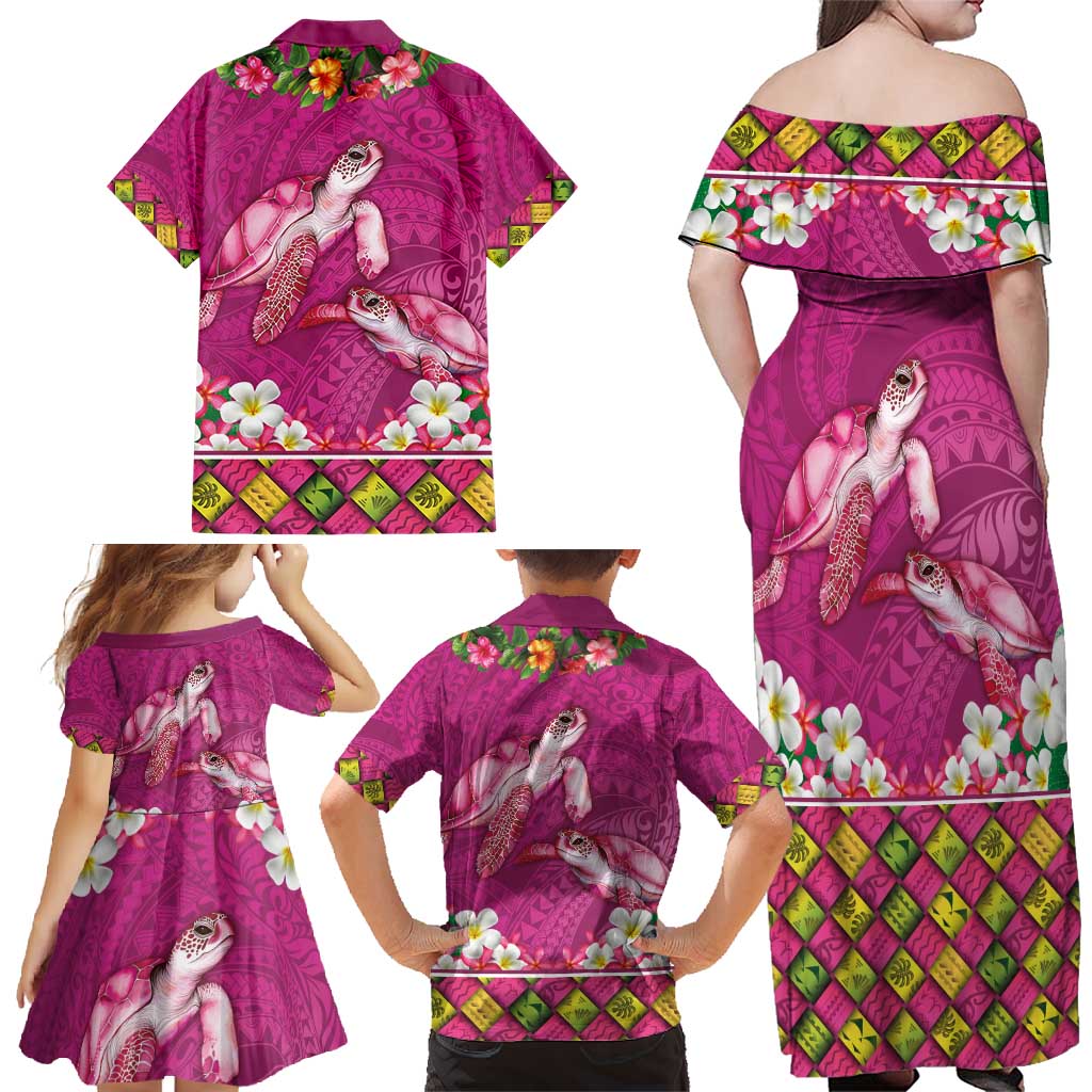 Hawaiian Lei Turtle and Plumeria Family Matching Off Shoulder Maxi Dress and Hawaiian Shirt Polynerian Art Tattoo-Plum Pink Color LT03 - Polynesian Pride