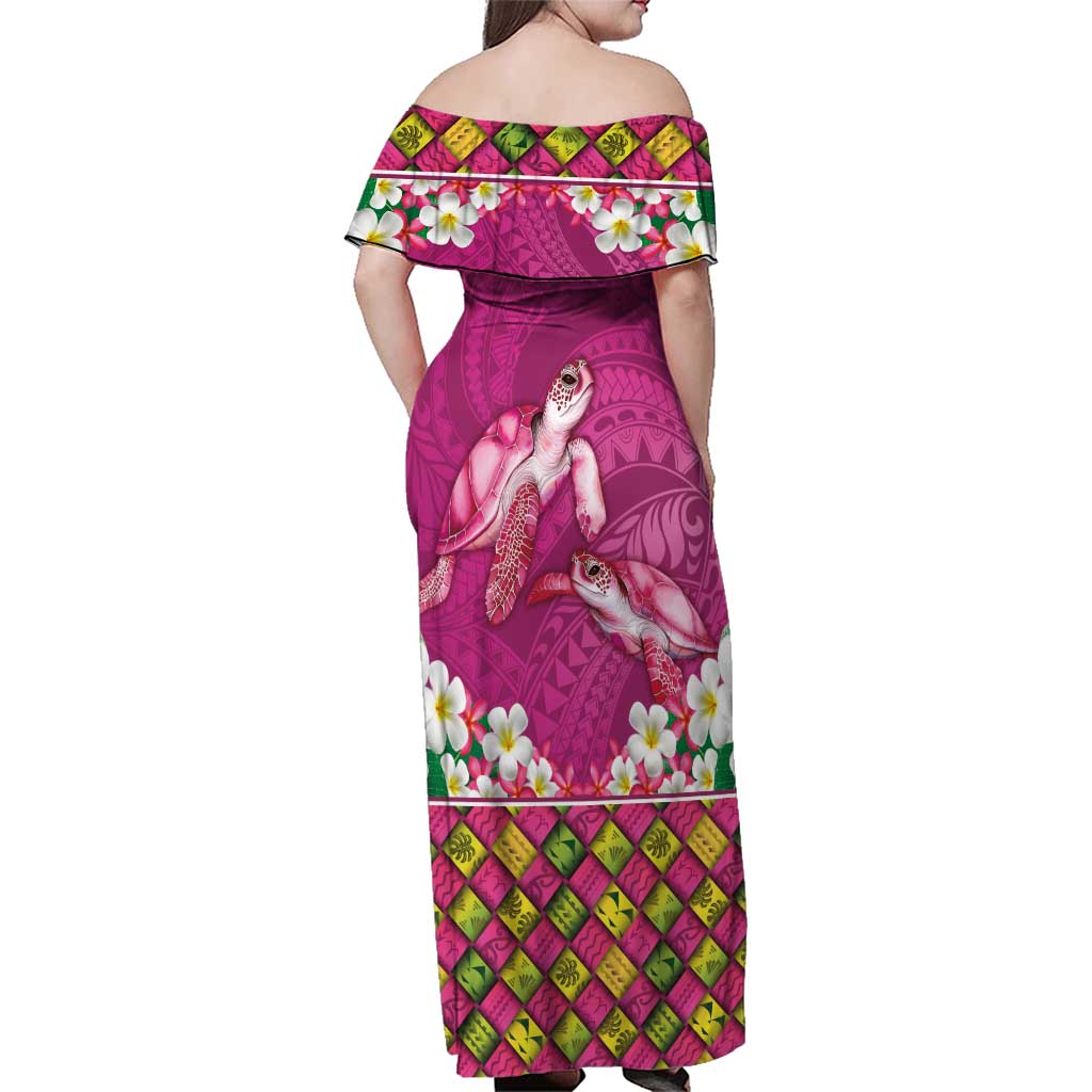 Hawaiian Lei Turtle and Plumeria Family Matching Off Shoulder Maxi Dress and Hawaiian Shirt Polynerian Art Tattoo-Plum Pink Color LT03 - Polynesian Pride