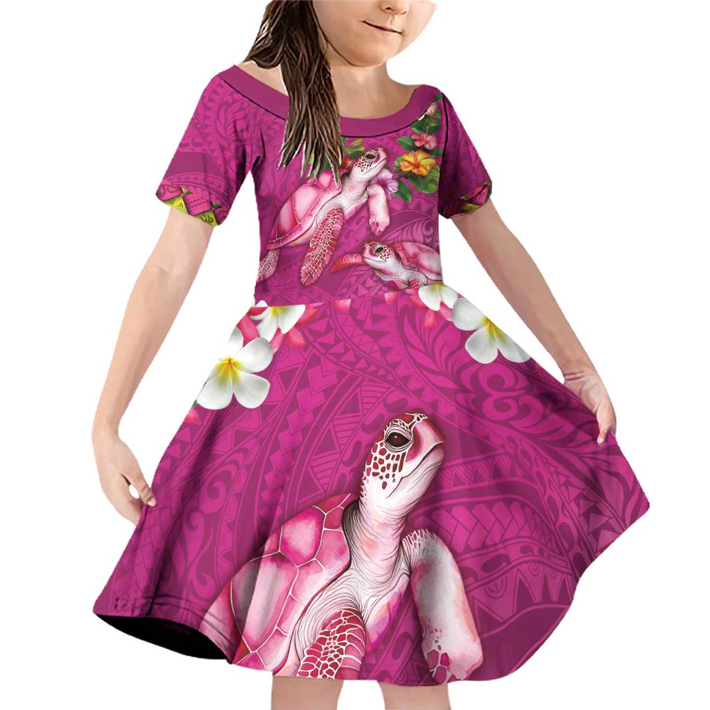 Hawaiian Lei Turtle and Plumeria Family Matching Off Shoulder Short Dress and Hawaiian Shirt Polynerian Art Tattoo-Plum Pink Color LT03 Daughter's Dress Pink - Polynesian Pride