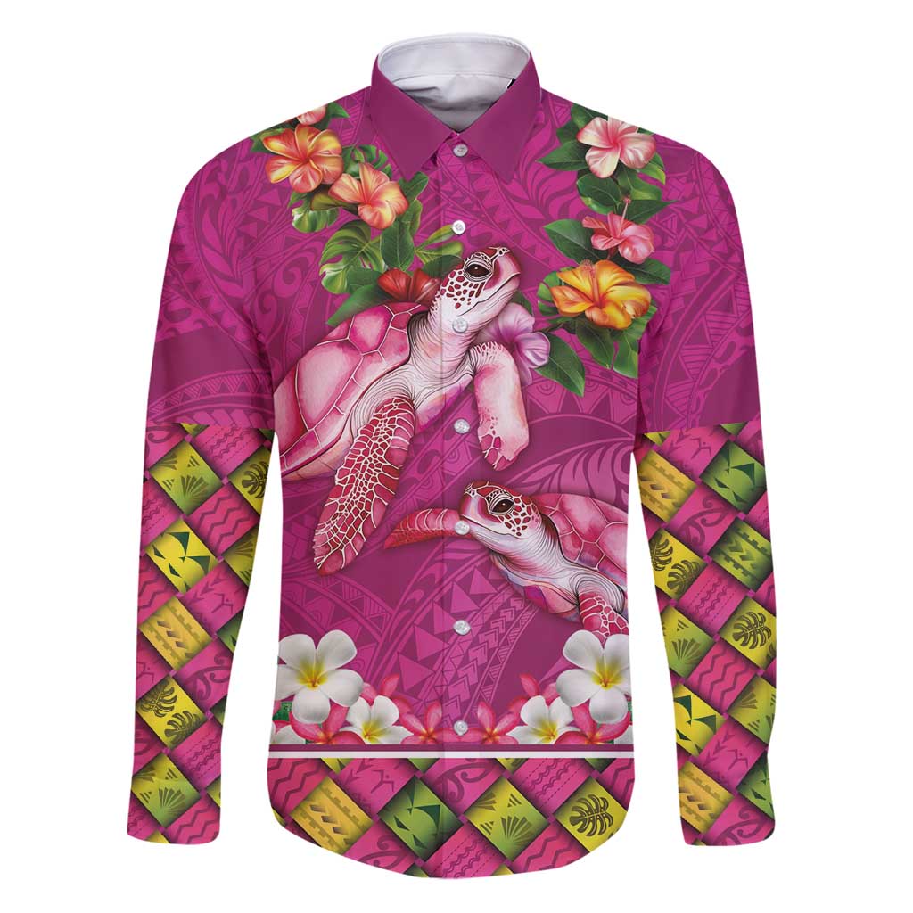 Hawaiian Lei Turtle and Plumeria Family Matching Puletasi and Hawaiian Shirt Polynerian Art Tattoo-Plum Pink Color LT03 Dad's Shirt - Long Sleeve Pink - Polynesian Pride