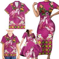 Hawaiian Lei Turtle and Plumeria Family Matching Short Sleeve Bodycon Dress and Hawaiian Shirt Polynerian Art Tattoo-Plum Pink Color LT03 - Polynesian Pride