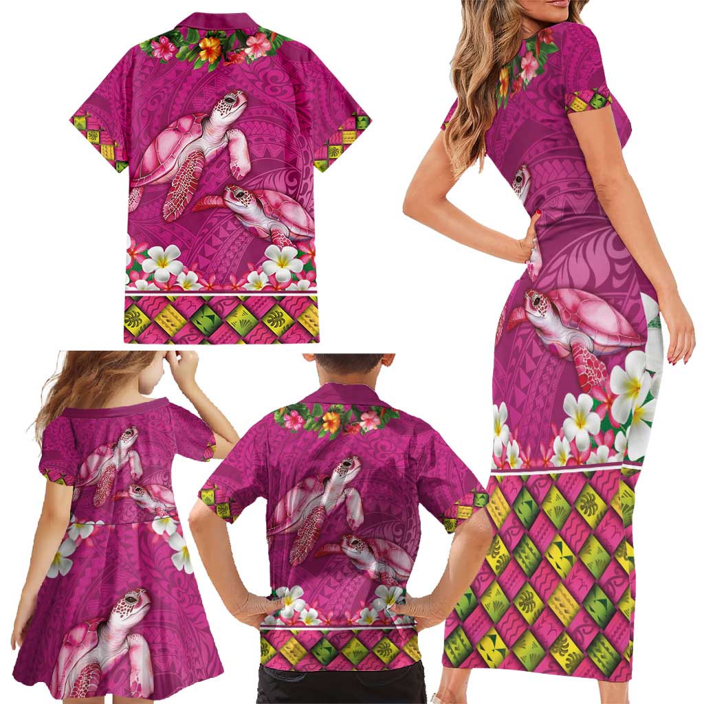 Hawaiian Lei Turtle and Plumeria Family Matching Short Sleeve Bodycon Dress and Hawaiian Shirt Polynerian Art Tattoo-Plum Pink Color LT03 - Polynesian Pride
